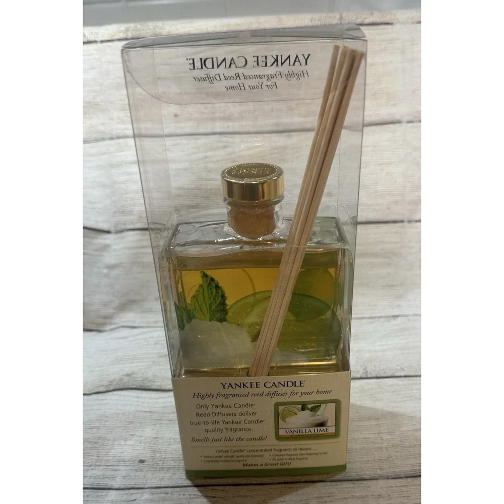 NIB Yankee Candle 3 oz Reed Diffuser Vanilla Lime Hand Decorated Glass NEW